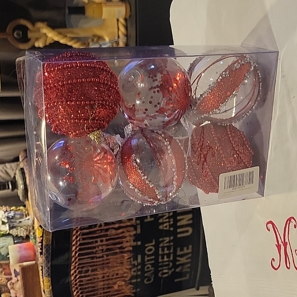 Ornaments,hand beaded,silver top,Sparkles!Large size,6 pack,New! APPRX.3 1/2 IN.